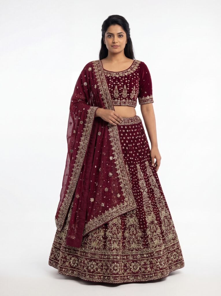 Maroon Velvet Bridal Lehenga